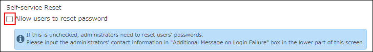 Screenshot: "Allow users to reset password" checkbox is cleared
