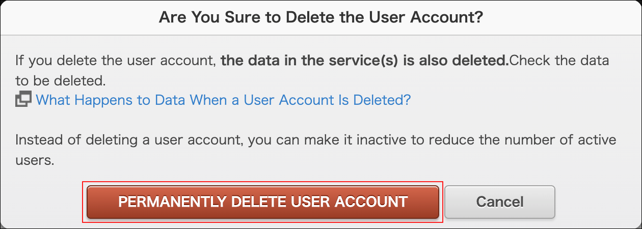 Screenshot: "PERMANENTLY DELETE USER ACCOUNT" is highlighted