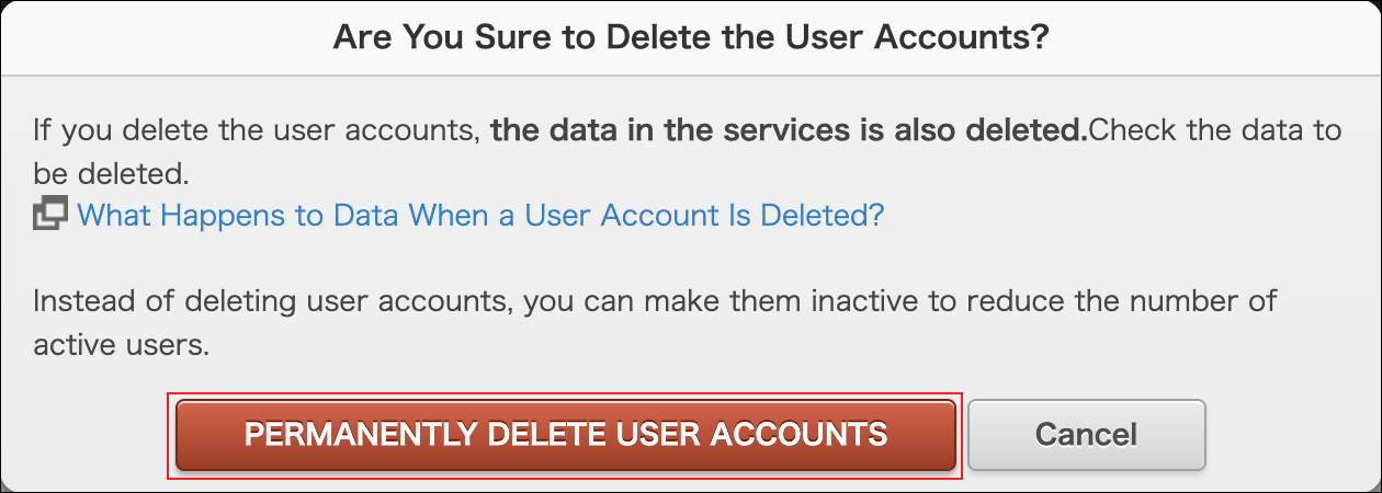 Screenshot: "PERMANENTLY DELETE USER ACCOUNTS" is highlighted