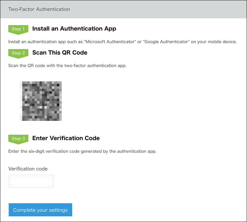 Screenshot: The settings screen for the two-factor authentication