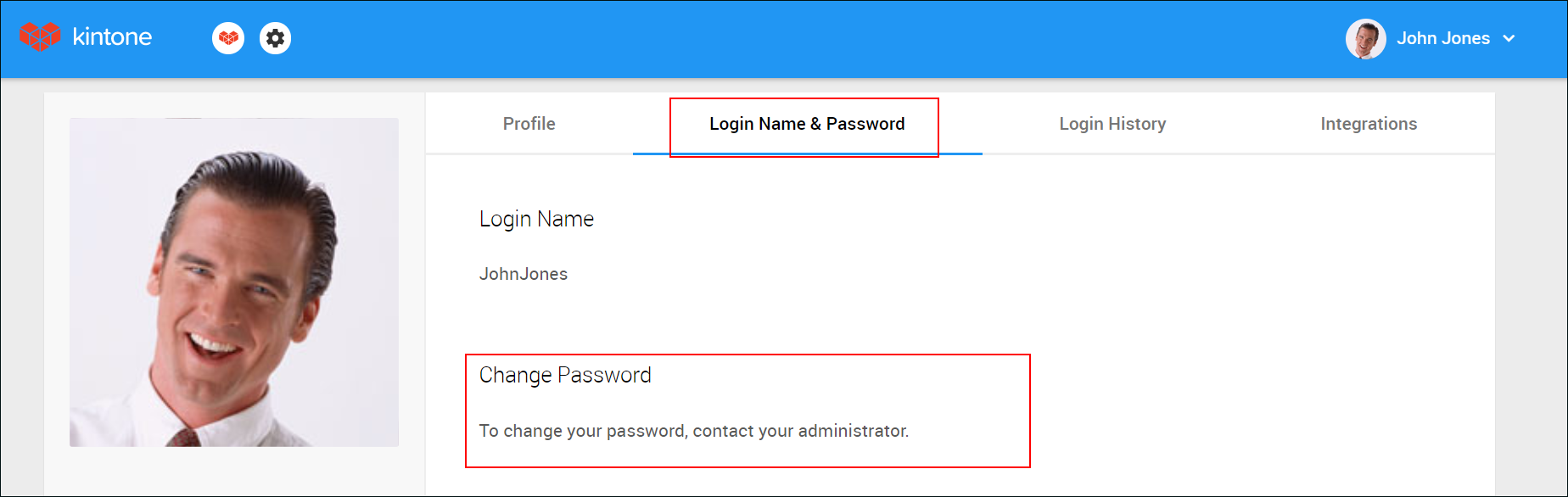 Screenshot: A message telling you that you must contact your administrator to change your password is displayed