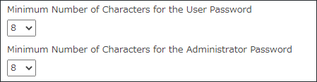 Screenshot: A field to specify the minimum number of characters for passwords is displayed