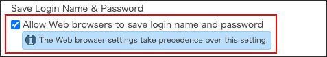 Screenshot: "Allow Web browsers to save login name and password" check box is selected