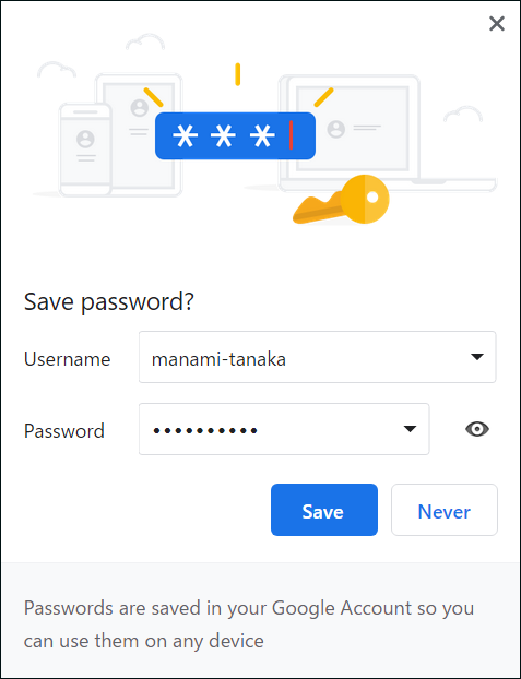Screenshot: Google Chrome screen. It shows a dialog to save the password