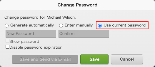 Screenshot: "Use current password" is selected