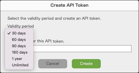 Screenshot: Selecting the validity period in the "Create API Token" dialog