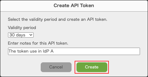 Screenshot: "Create" is highlighted in the "Create API Token" dialog