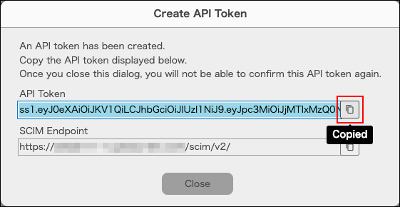 Screenshot: Copying the created API token in the &quot;Create API Token&quot; dialog