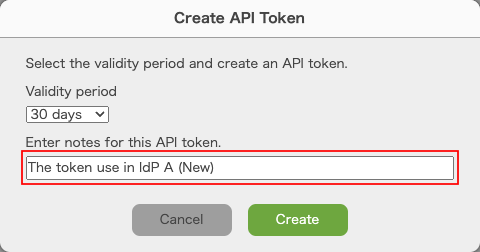 Screenshot: Entering notes for this API token in the "Create API Token" dialog