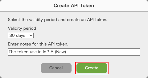 Screenshot: "Create" is highlighted in the "Create API Token" dialog