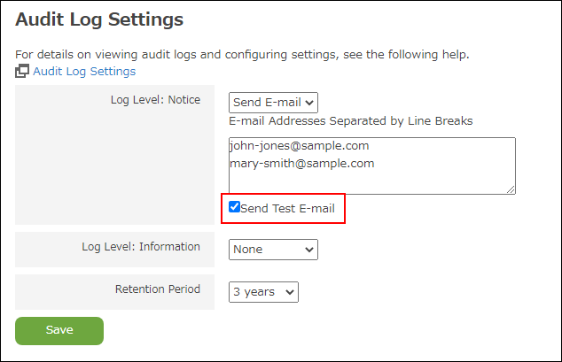 Screenshot: "Send Test E-mail" is selected