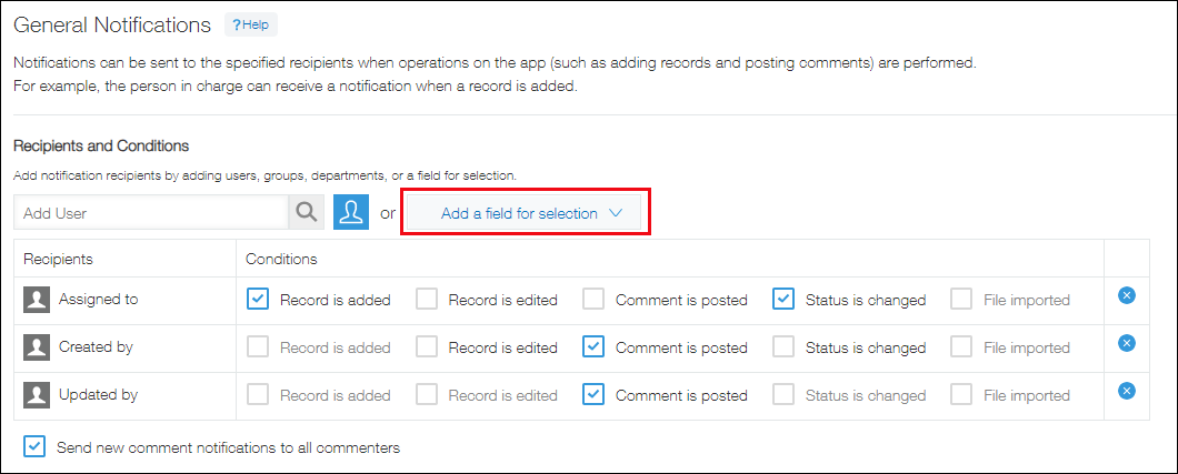The &quot;Add a field for selection&quot; drop-down list on the setting screen