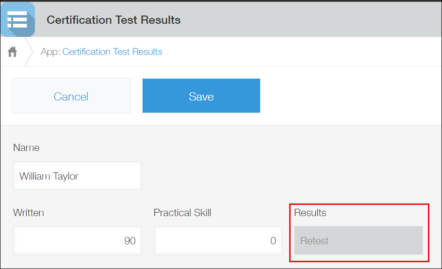 Captura de pantalla: "Volver a probar" se muestra automáticamente porque la puntuación suma de los campos "Escrito" y "Habilidad práctica" no es 160 o superior