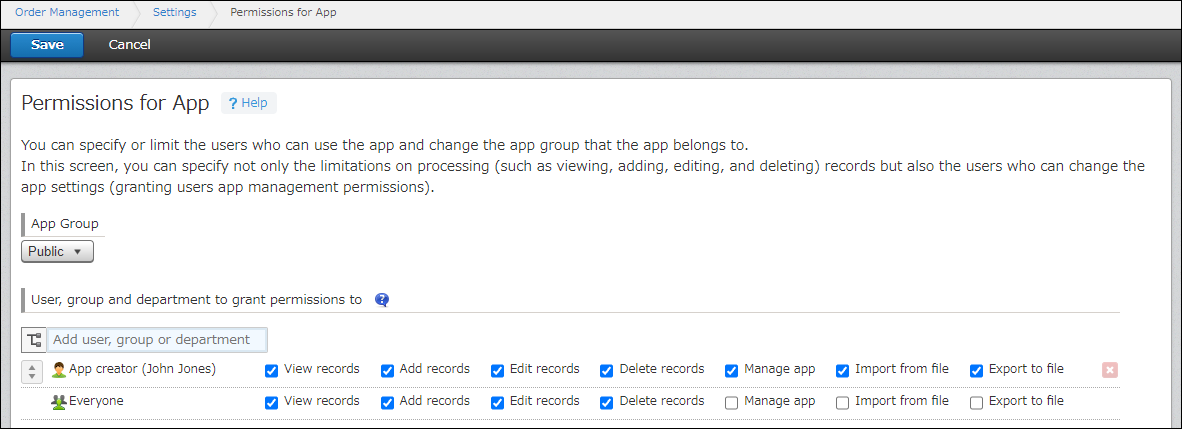 The Permissions for App setting in its default state
