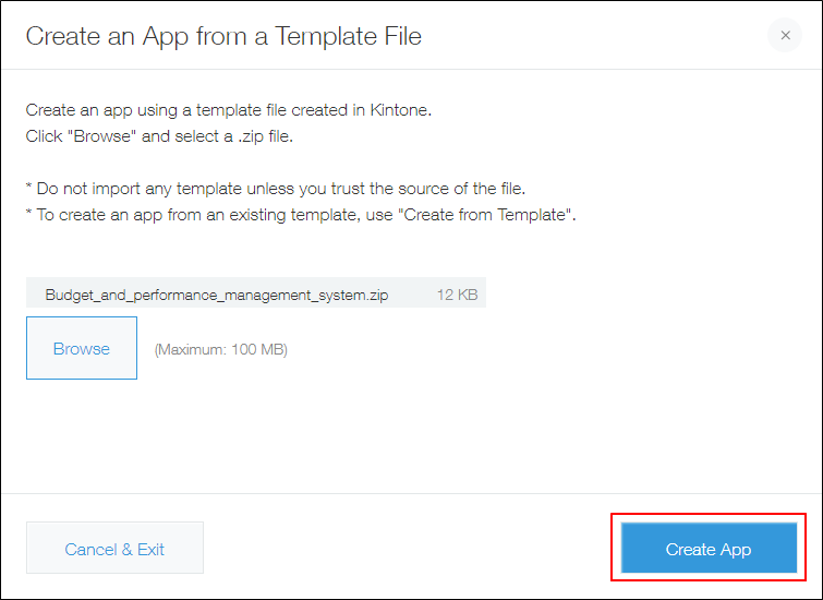 Screenshot: The "Create App" button on the "Create Apps from a Template File" screen is highlighted