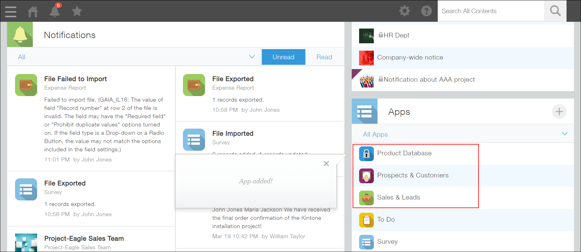 Screenshot: Apps added to Portal are highlighted