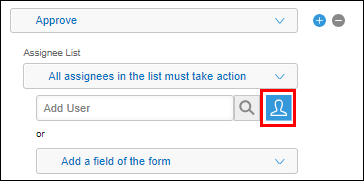 Screenshot: The "Select users from departments or groups" icon is outlined under "Assignee List" on the "Process Management" screen