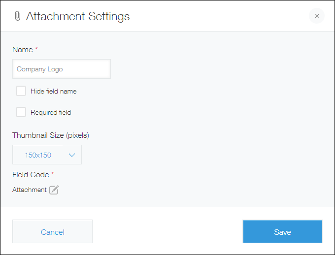 Screenshot: The settings screen for the "Attachment" field