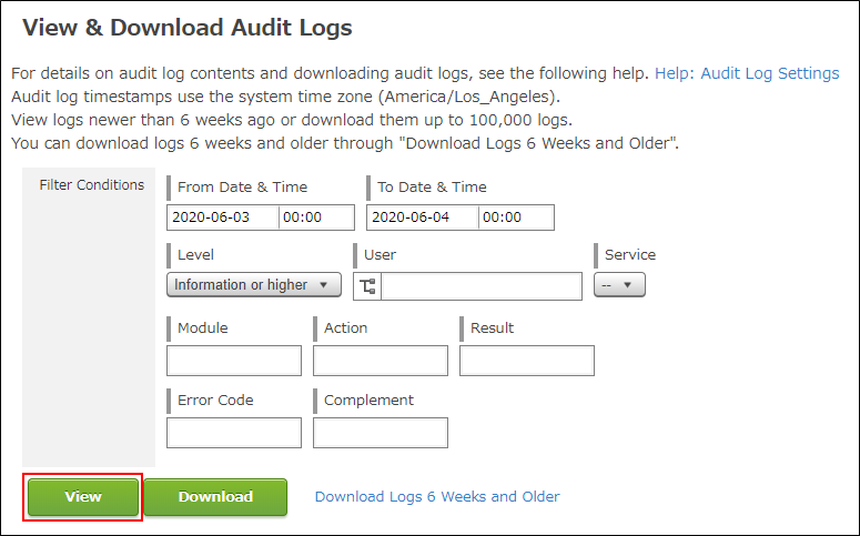 Screenshot: The "View & Download Audit Logs" screen