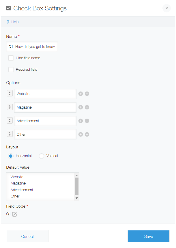 Captura de pantalla: la pantalla de configuración de un campo "Casilla de verificación"