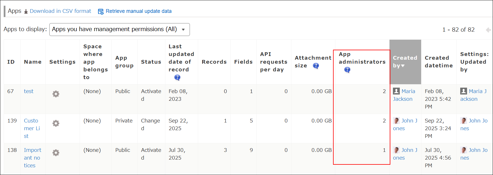 Screenshot: The "App administrators" column is highlighted in the "Apps" section of the "App management" screen