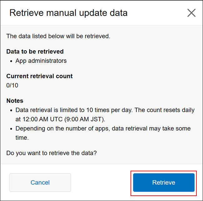 Screenshot: The "Retrieve" button is highlighted at the bottom of the "Retrieve manual update data" dialog