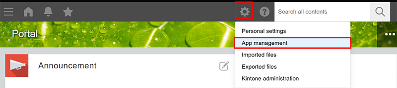 Screenshot: The "Settings" icon at the top of the screen and the "App management" option are highlighted