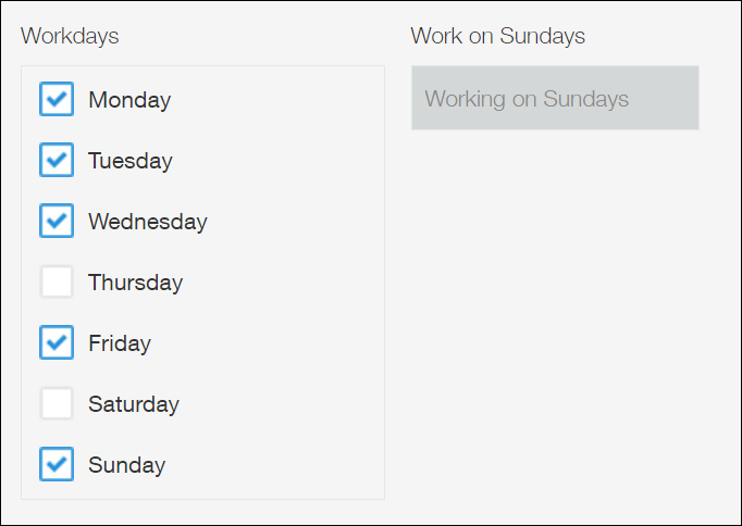 Captura de pantalla: "Trabajar los domingos" se muestra automáticamente porque la casilla de verificación "Domingo" está seleccionada para el campo "Días laborables"