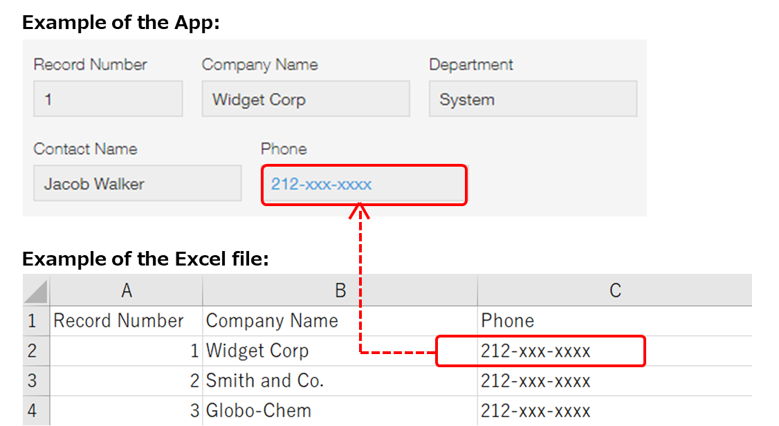 Screenshot: Example of importing data into a "Link" (Telephone number) field