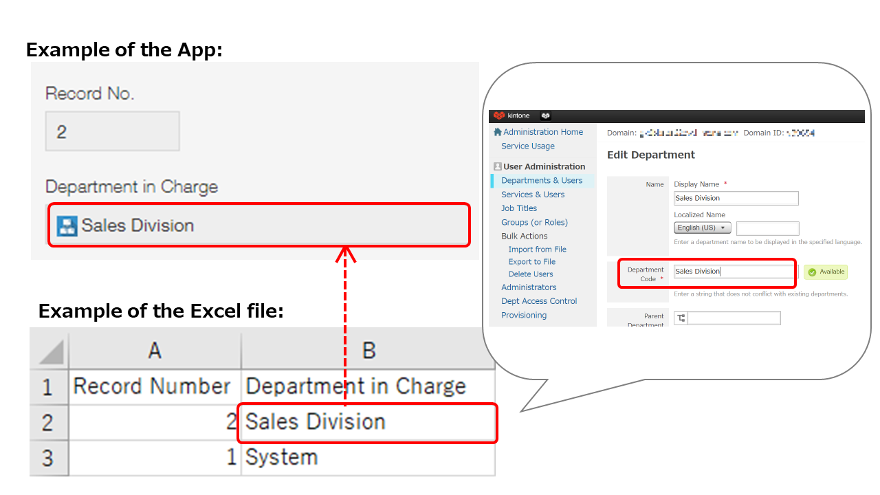 Screenshot: Example of importing data into a "Department selection" field
