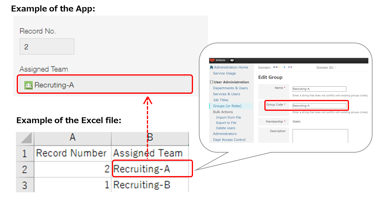 Screenshot: Example of importing data into a "Group selection" field