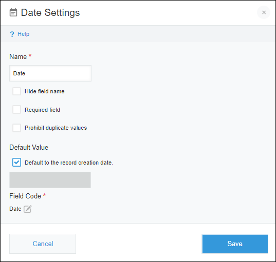 Screenshot: The settings screen of a "Date" field