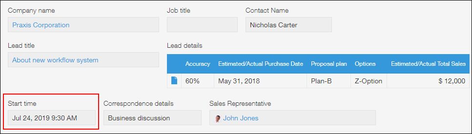 Screenshot: An example of a "Date and time" field being used as a field for entering the date and time an inquiry was received