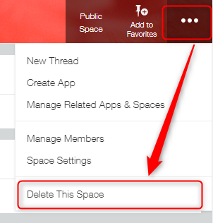 Captura de pantalla: el icono "Opciones" en la parte superior derecha de la pantalla del espacio y "Eliminar este espacio" están delineados en rojo.
