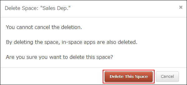 Screenshot: Clicking "Delete This Space"