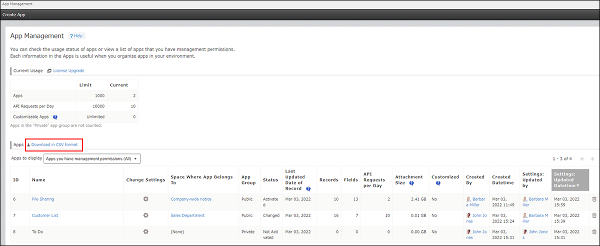 The Download in CSV format button