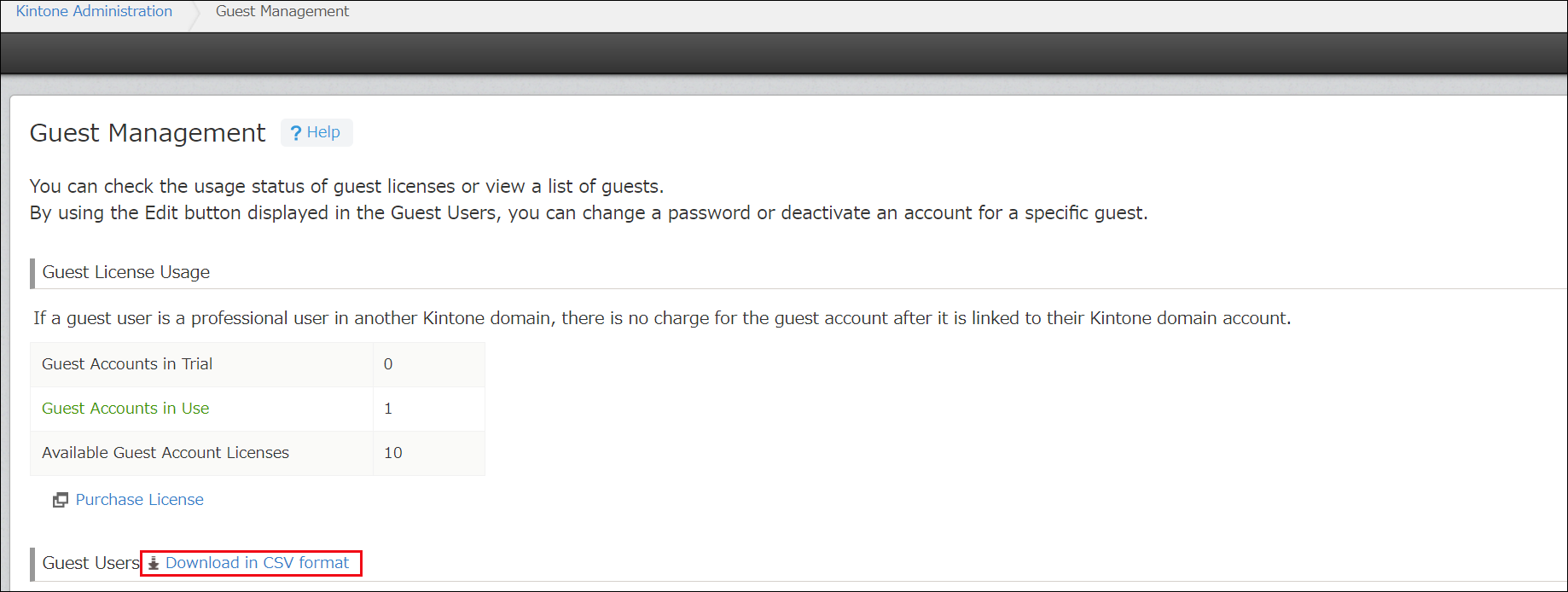 Screenshot: "Download in CSV format" on the "Guest Management" screen is outlined in red