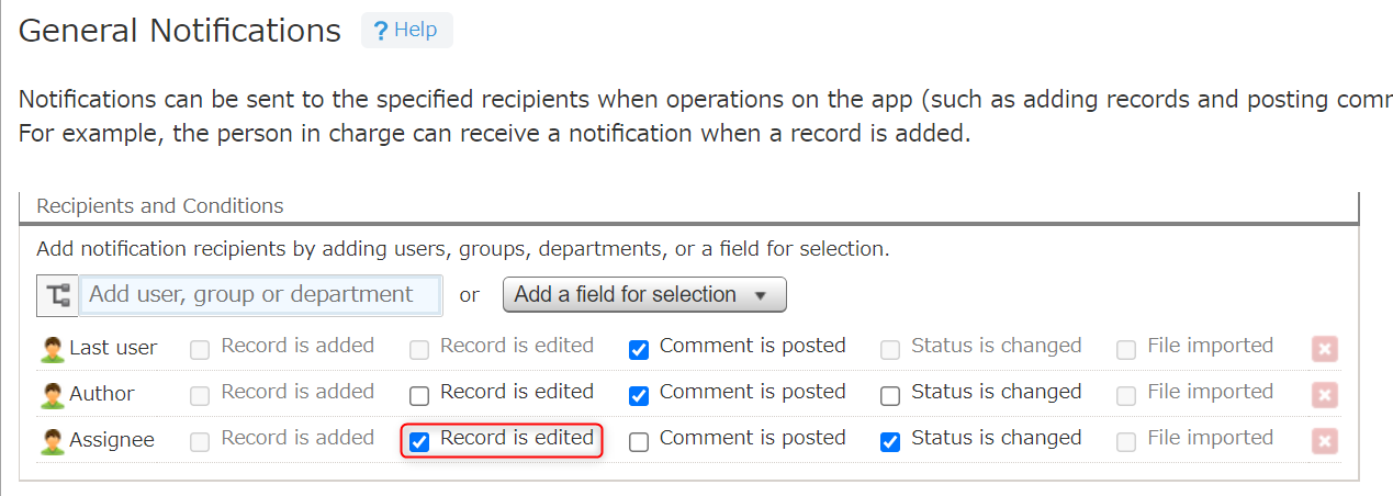 The notifications setting for assignees