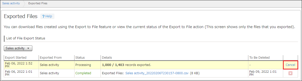 The "Exported Files" screen
