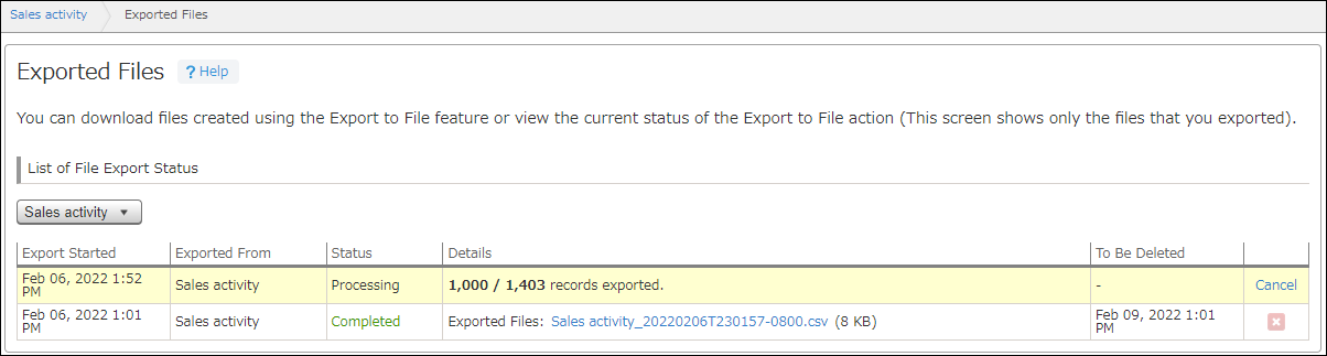 Exported Files screen