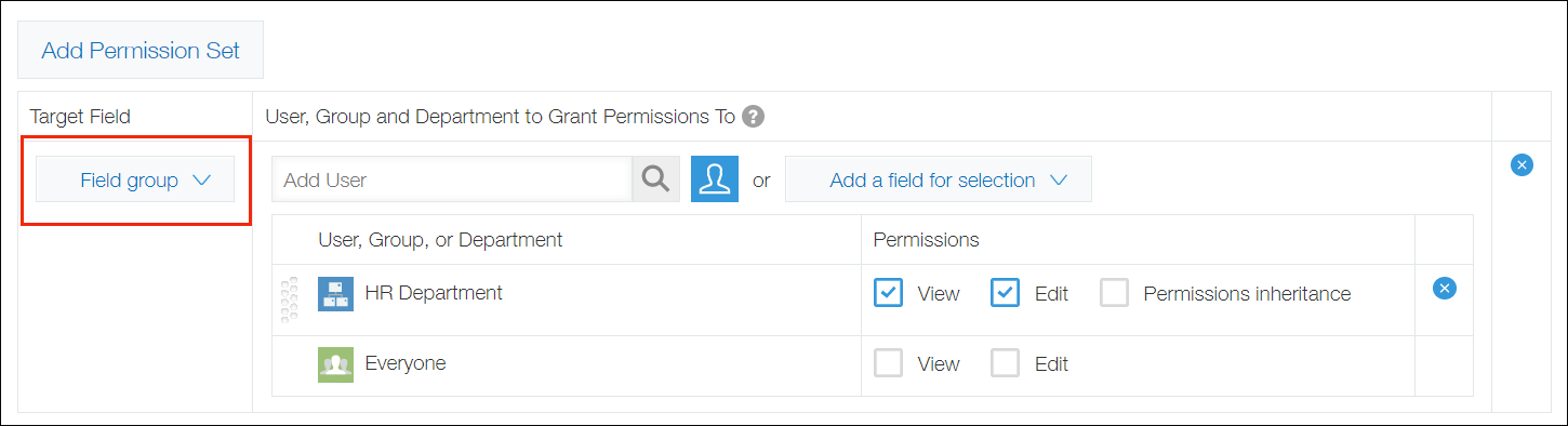 Screenshot: Setting permission for the "Field group" field