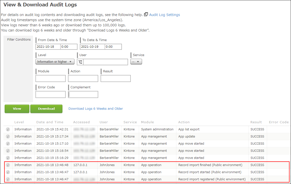Example of Audit Logs screen