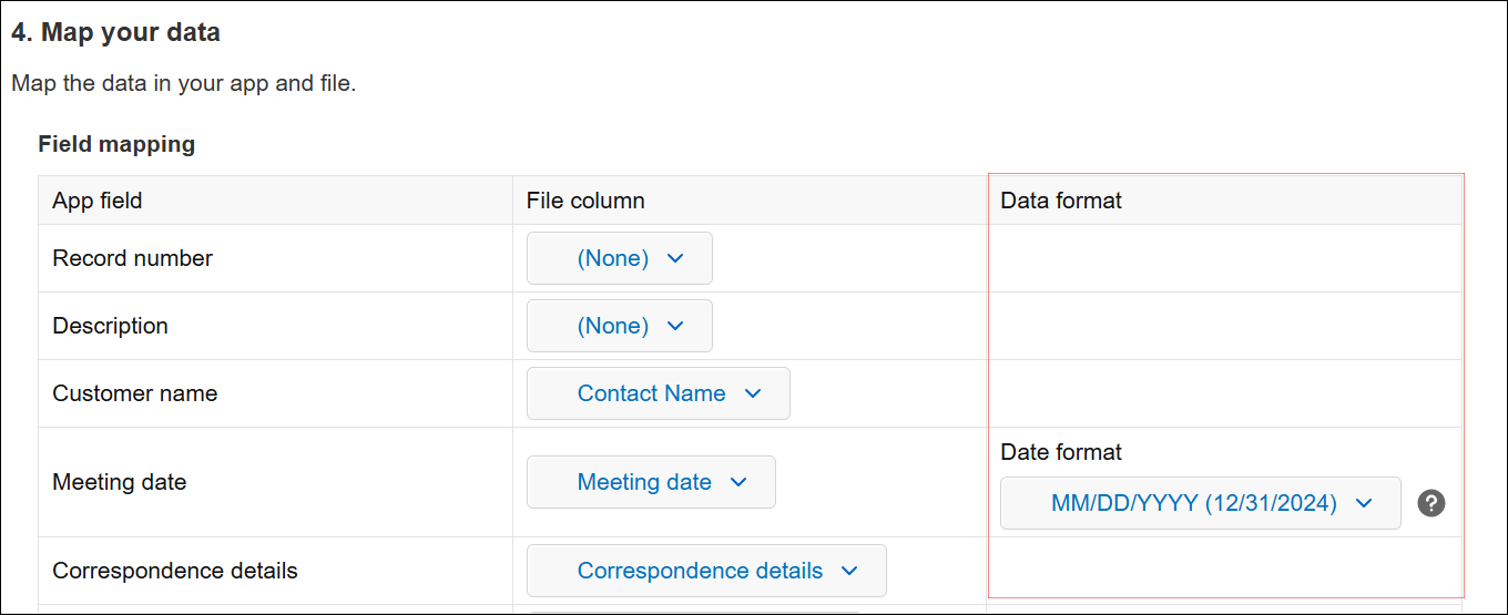 Captura de pantalla: La sección "Formato de datos" está resaltada.