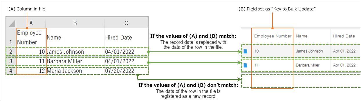 Figure: Example of how records are added or updated based on the values of the field set as "Key to Bulk Update"