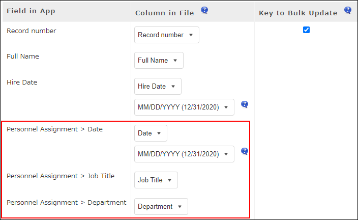 Example of fields in a table displayed on the screen where you specify target fields for file import