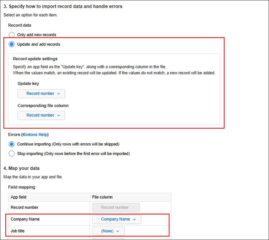 Screenshot: Matching the columns in an imported file to fields in an app