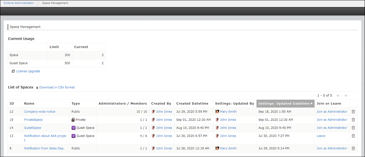 Space Management screen