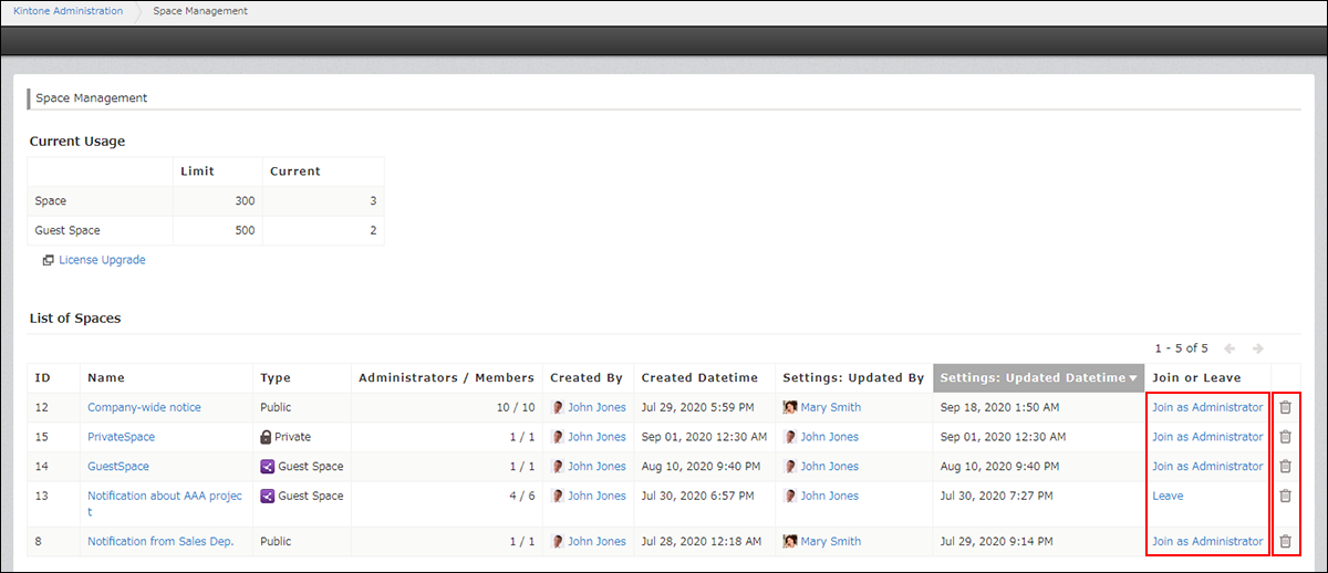 Screenshot: The "Join as Administrator" and "Leave" links and the "Delete" icons are outlined in the list of spaces
