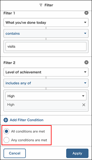 Screen to select "All conditions are met" or "Any conditions are met"
