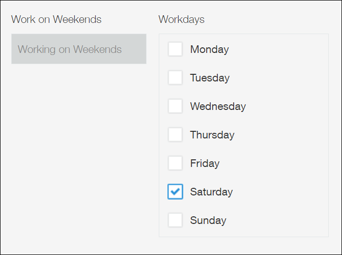 Captura de pantalla: "Trabajar los fines de semana" se muestra automáticamente porque la casilla de verificación "Sábado" está seleccionada para el campo "Días laborables"